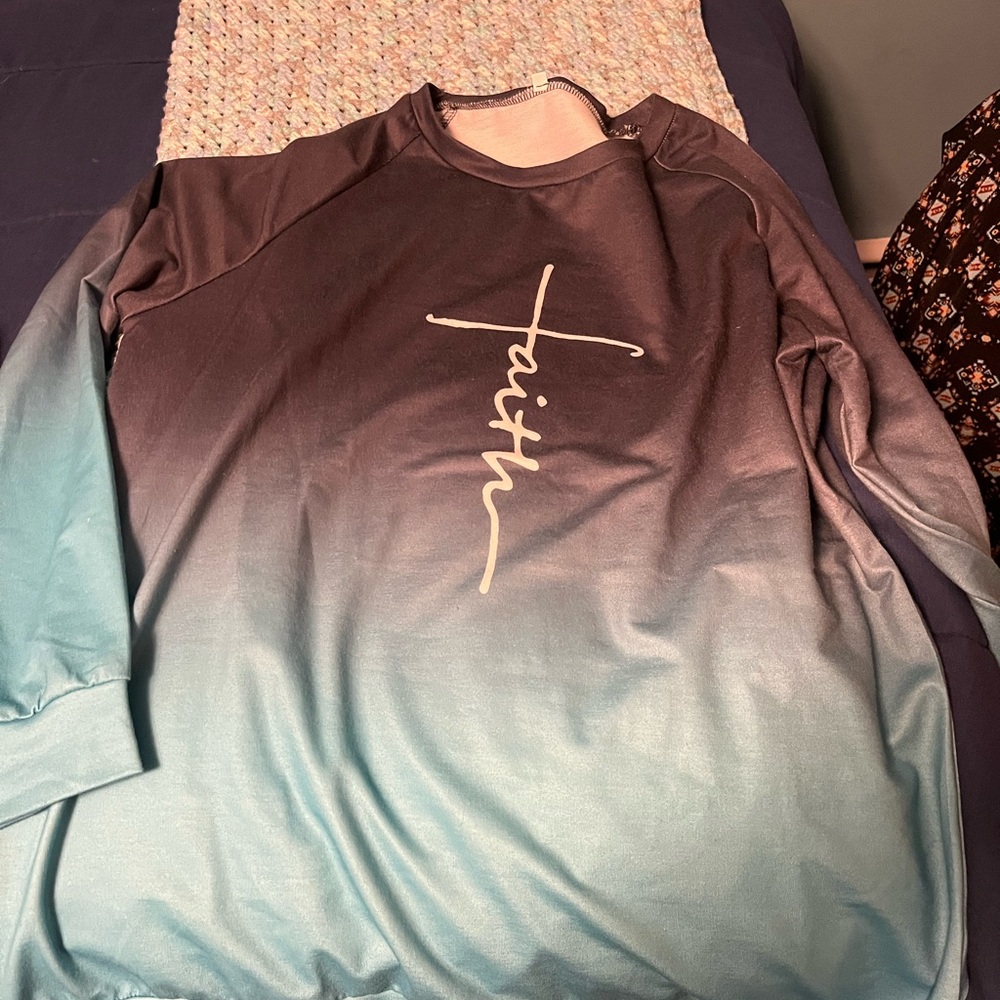 Women’s size large “Faith” Blue and Black Ombre Sweatshirt